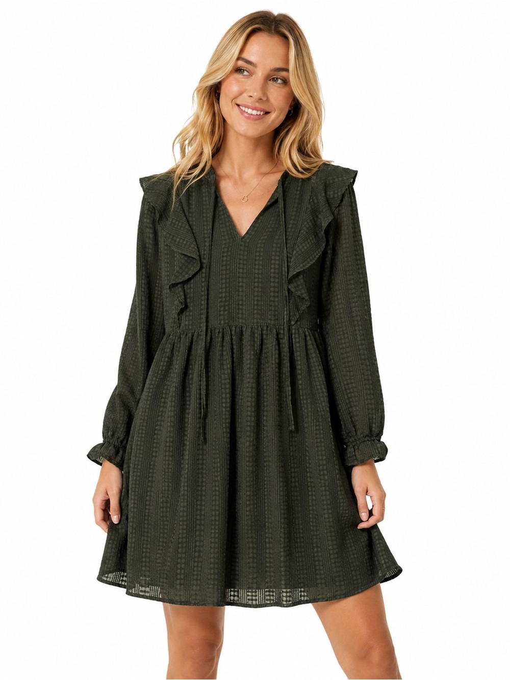 Dark Green Ruffle V-Neck Long Sleeve Dress -1013